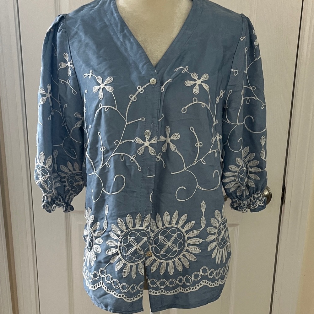 Floral Embroidered Women's Blouse in Blue